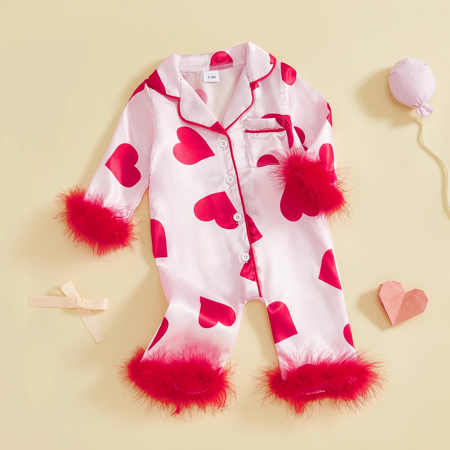 Valentine's Day Spring Newborn Baby Boys Casual Rompers Heart Print Feather Long Sleeve Button Satin Jumpsuits Playsuits