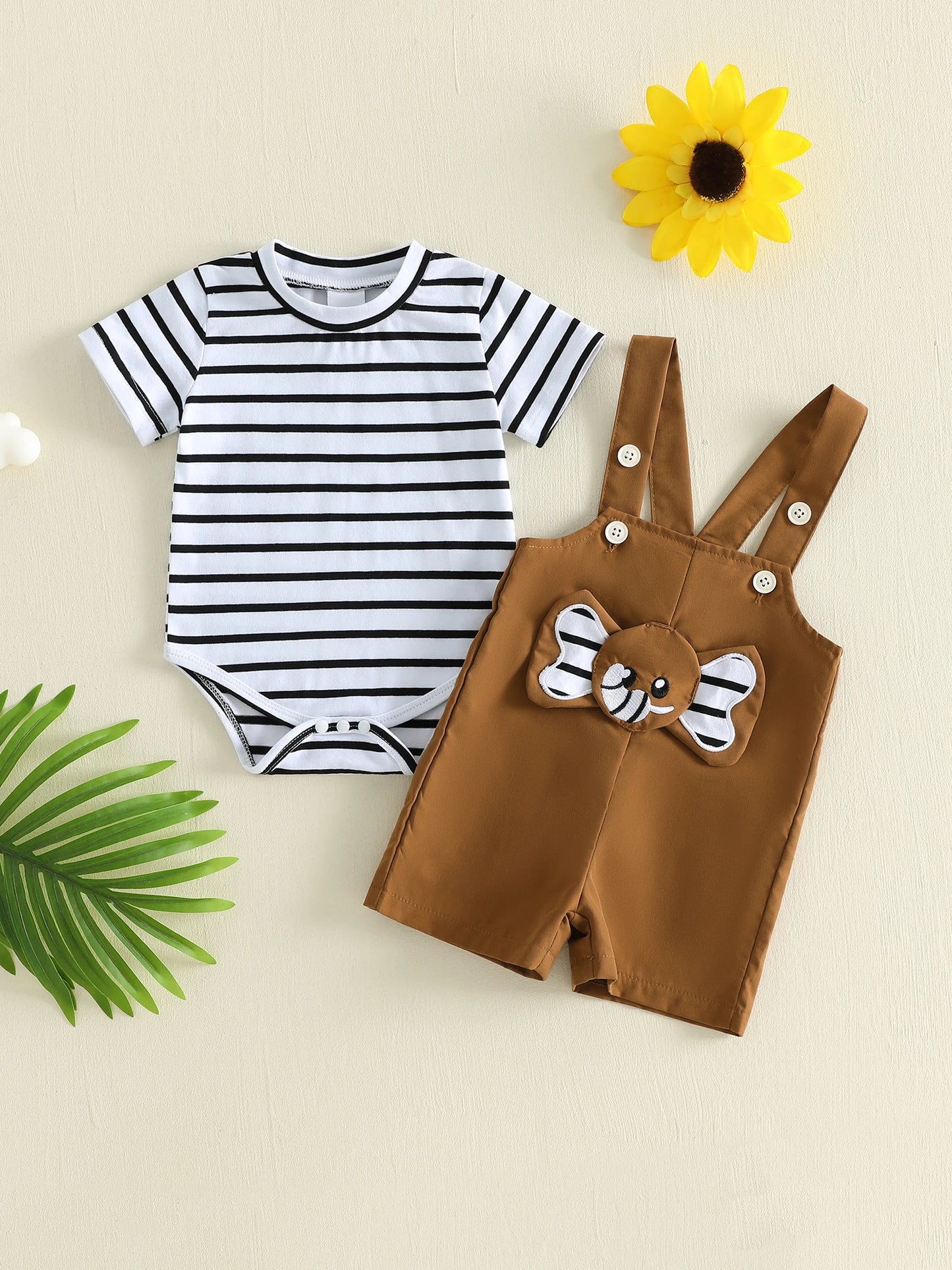 Toddler Boys Casual Outfits Striped Short Sleeve T-shirt and Denim Overalls Set with Cute Animal Patchwork 2 Pieces Summer