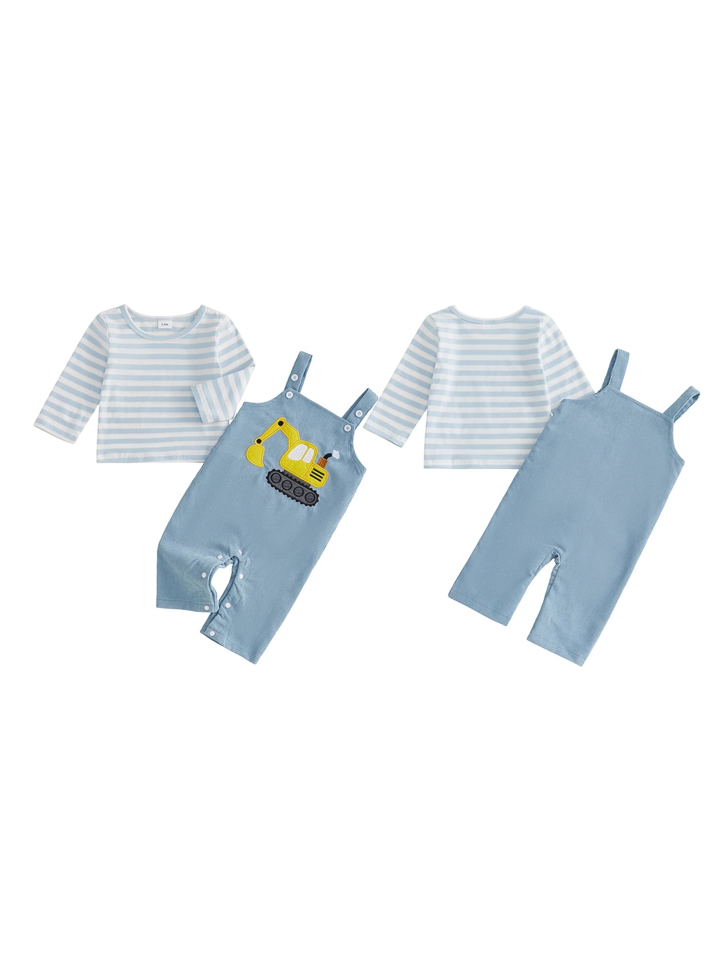 Toddler Boys Autumn Clothes Striped Crew Neck Shirt and Dino Print Overalls Set for Fall Season Fashion 2 Piece Outfit