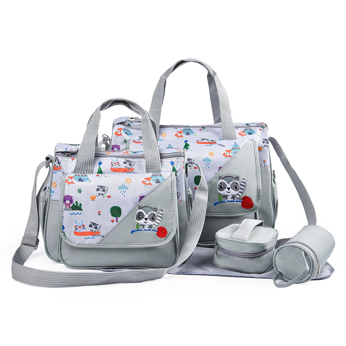 Fashionable Printed Cartoon Pattern Single-Shoulder Mommy Bag Five-Piece Set; Large-Capacity Cross-Body Mommy Bag; Multi-Functional Outing Tote Bag Diaper Bag Set