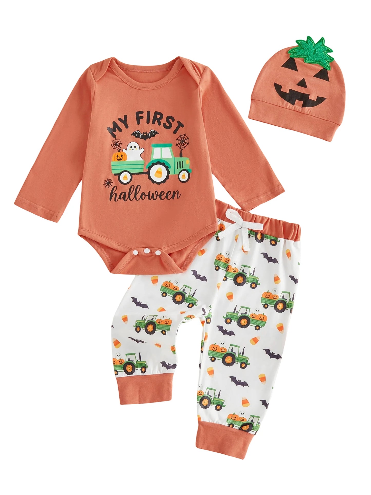 Adorable Toddler Boy Halloween Costume Set with Pumpkin Print Romper Pants and Hat - 3 Piece Fall Outfit for Baby Boy