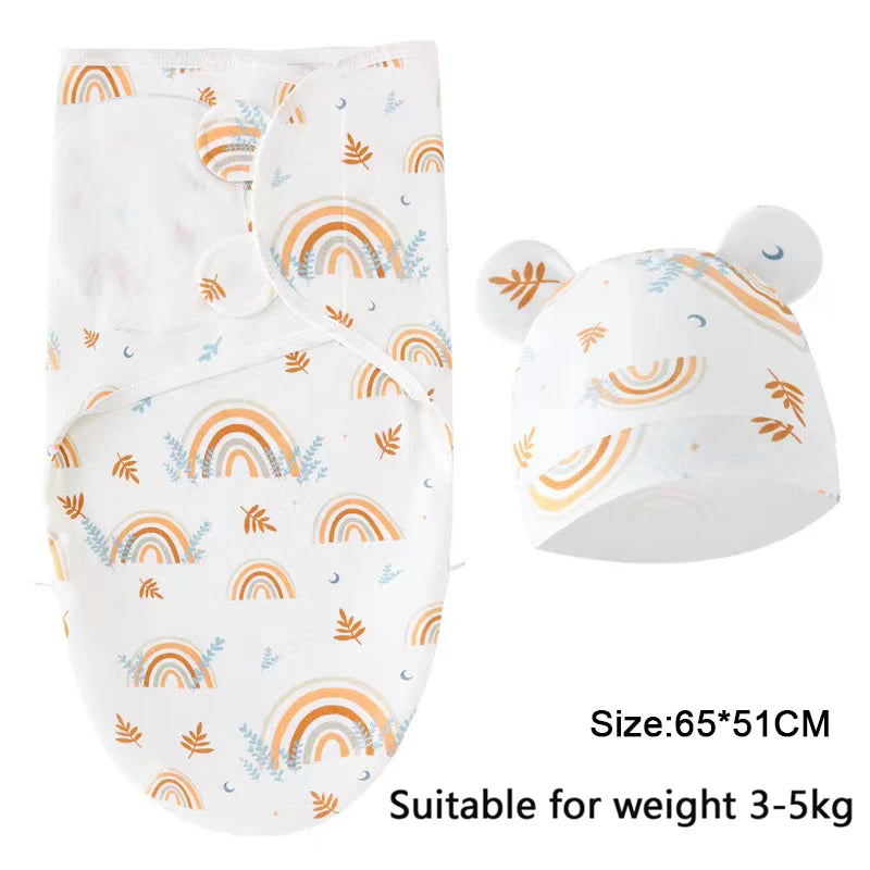 Newborn 0-6M Cartoon Printed Cotton Swaddle Set - Adjustable All-Season Baby Blanket & Hat