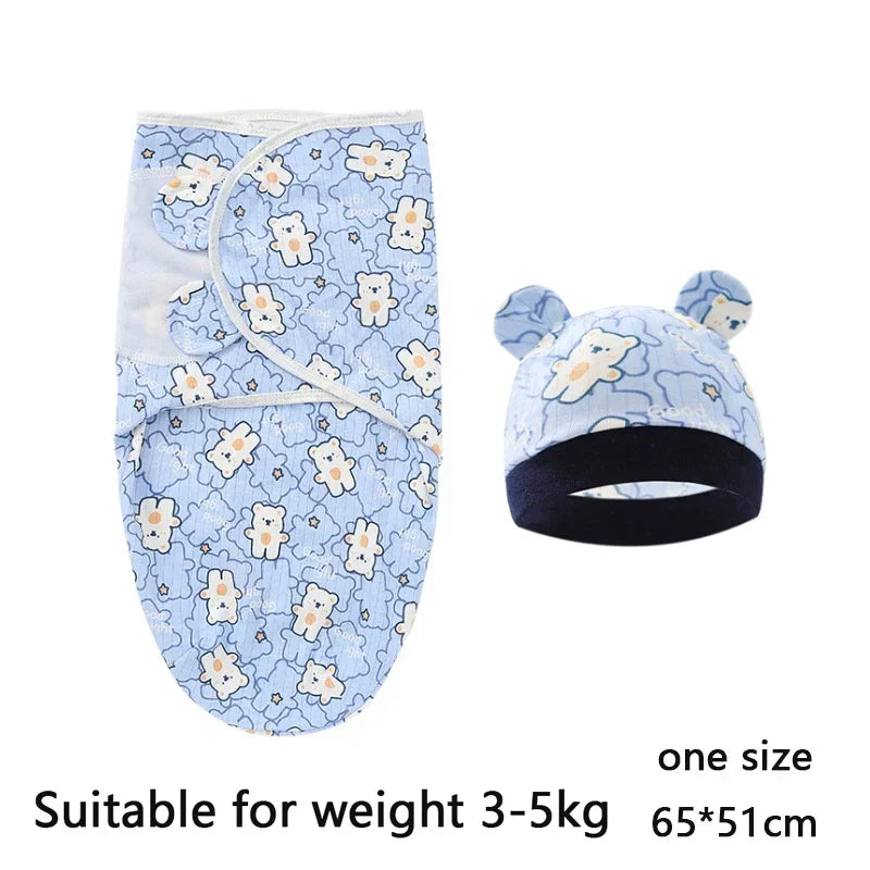 Newborn 0-6M Cartoon Printed Cotton Swaddle Set - Adjustable All-Season Baby Blanket & Hat