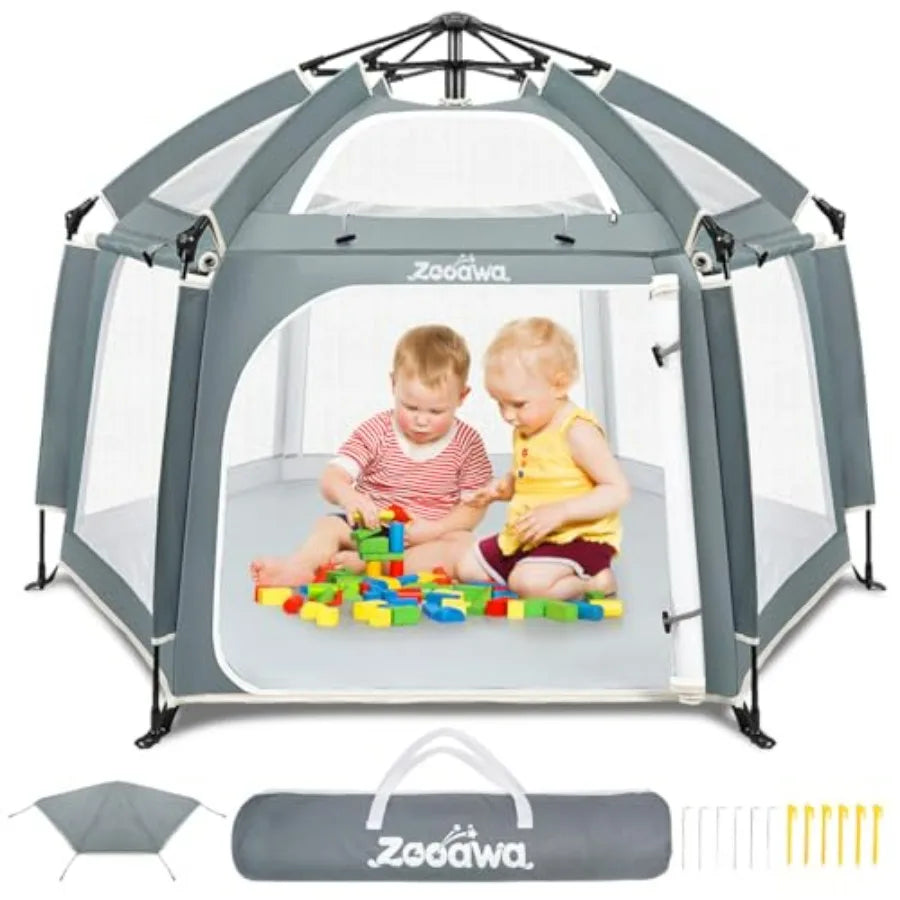 Light Gray Pop Up Playpen for Baby 150100 cm LH with Removable Sun-Shades 2 Side UV Covers Lightwght Outdoor Baby Playpen for B