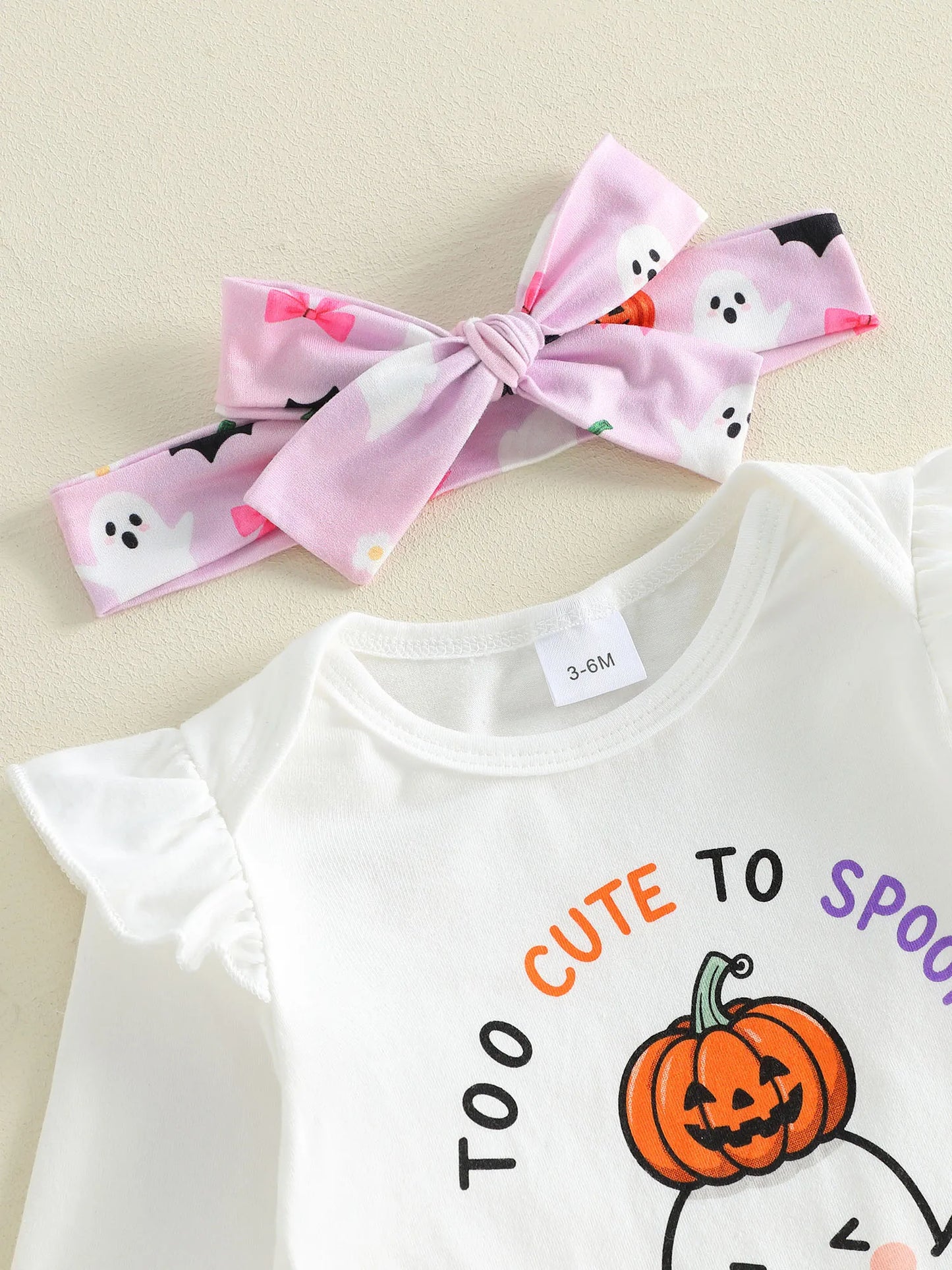 Toddler Girl Halloween Costume Letter Pumpkin Ghost Print Crew Neck Long Sleeve Rompers Bell-Bottoms Pants Headband 3Pcs Outfit