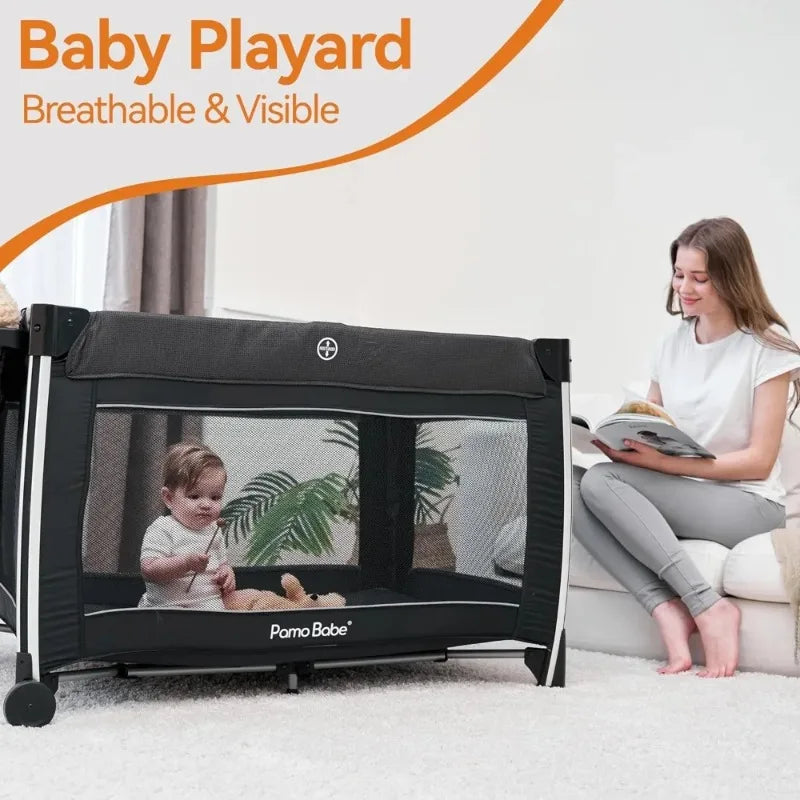 Furniture.4 in 1 Baby Playards with Bassinet & Changing Table, Portable Crib Breathable Mesh and Toy Mobile sofa