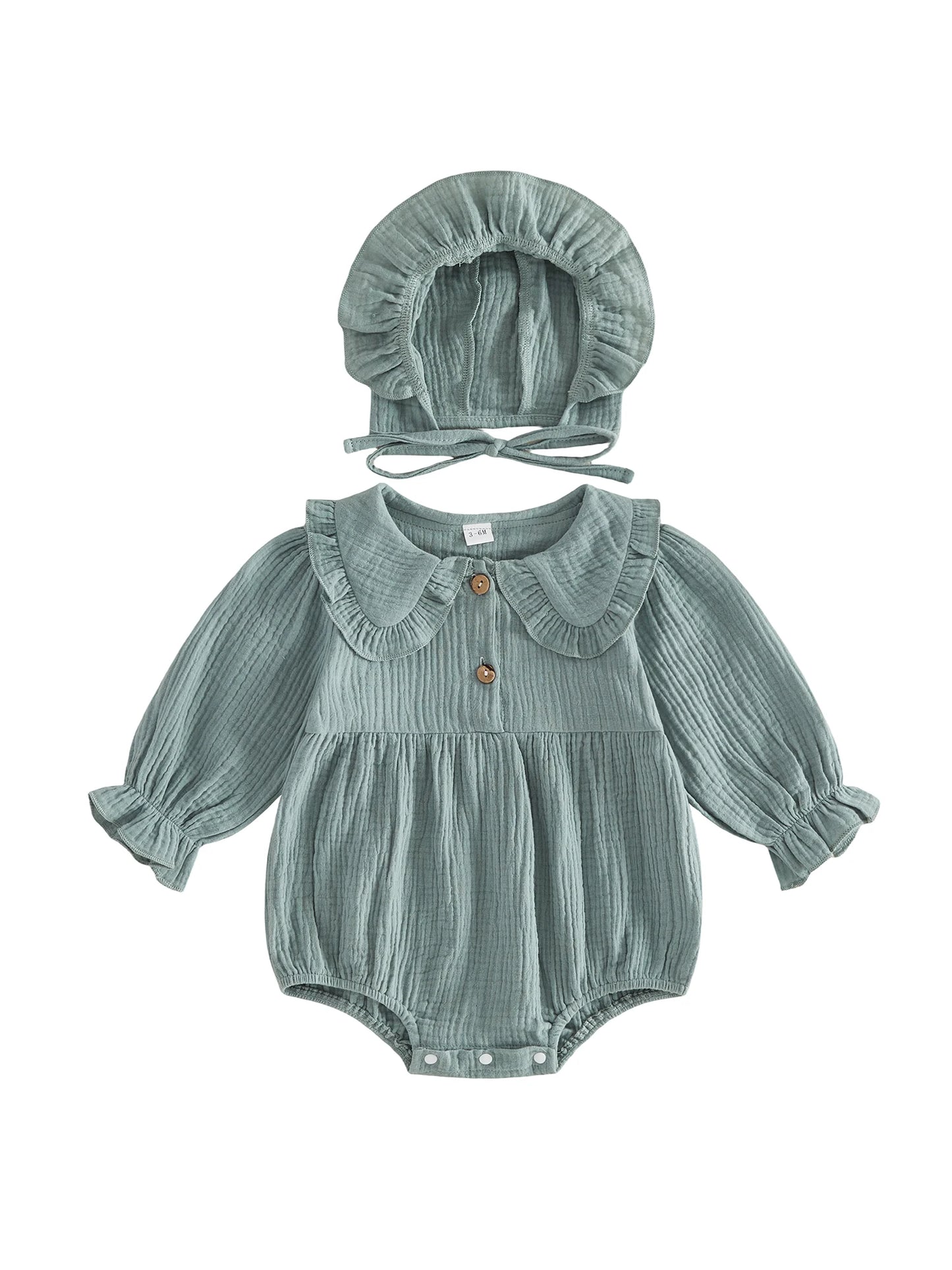 Infant Girls Cotton Linen Romper Set with Hat Long Sleeve Solid Color Jumpsuit and Matching Doll Collar Outfit