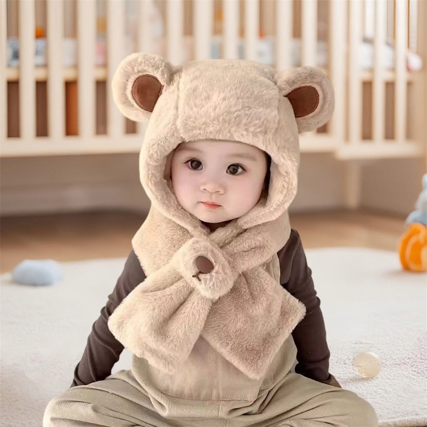 Kids Children Winter Warm Plush Animal Hooded Scarf Hat Gloves Set Cute Bear Earflap Beanie Mitten Present Gift