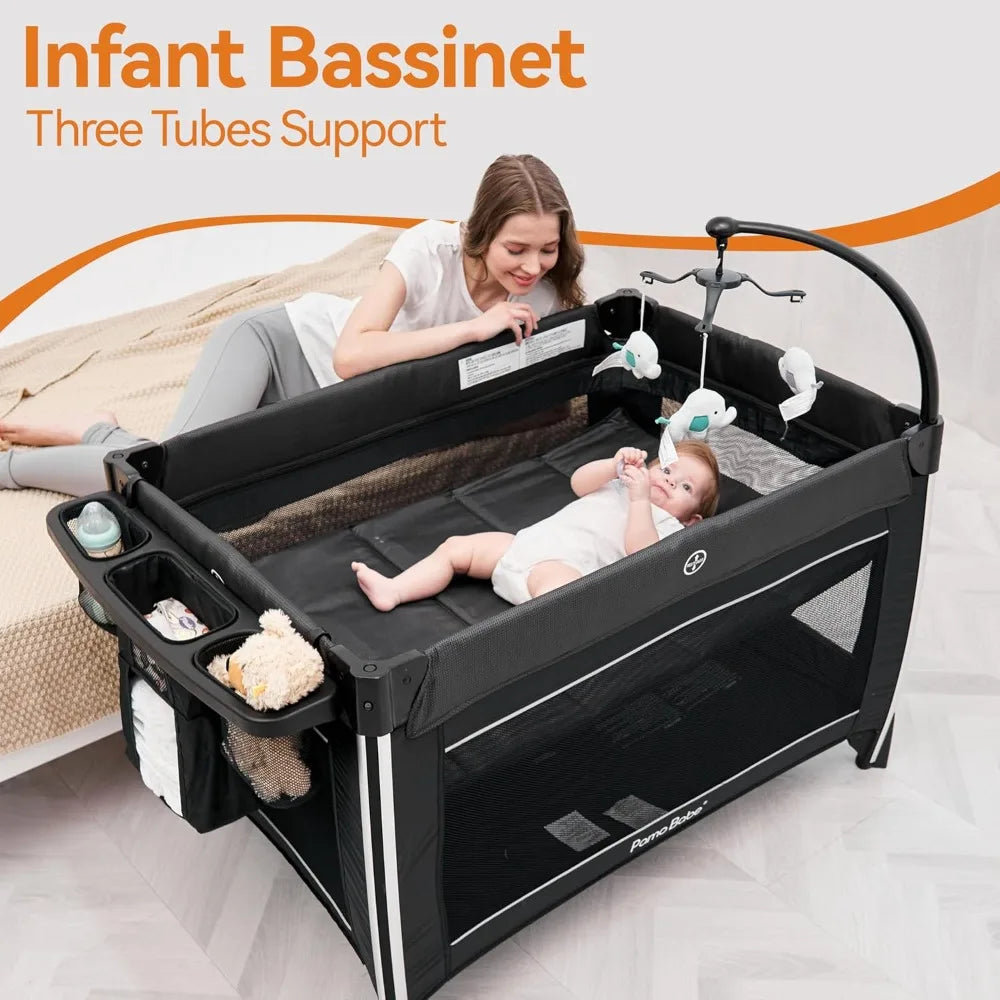 Free Delivery - 4 in 1 Baby Playards with Bassinet & Changing Table, Portable Crib Breathable Mesh and Toy Mobile