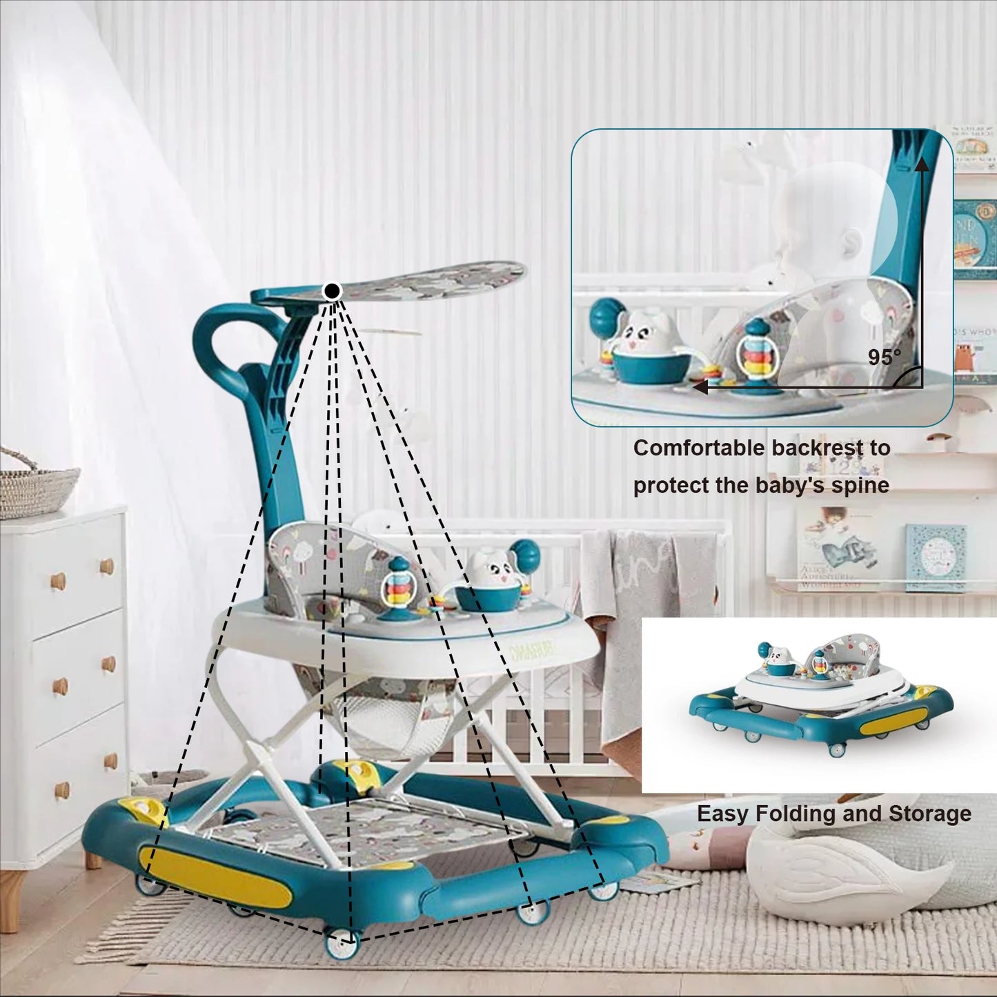 4 in 1 Folding Baby Walker Activity Walker With Music Toys Adjustable Height & Speed Safety Bumper Infant Walker Anti-Rollover