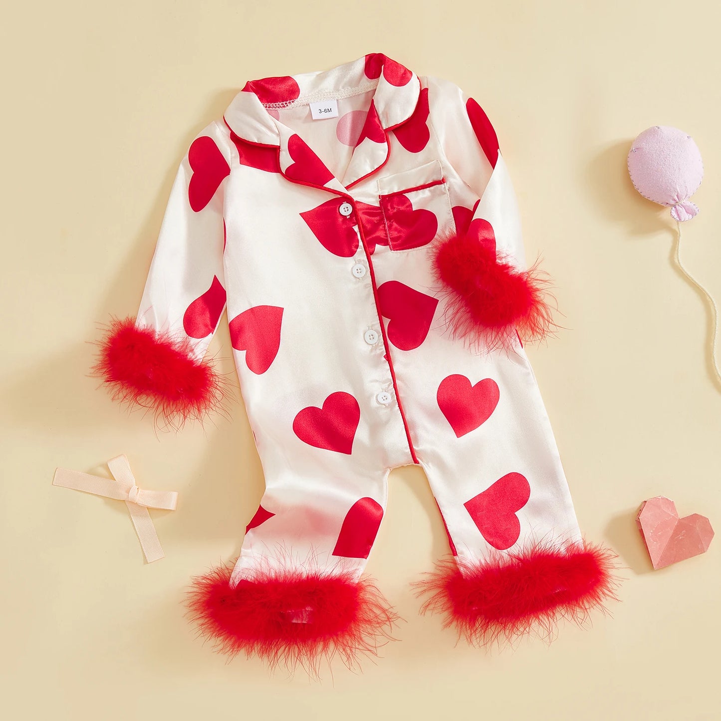 Valentine's Day Spring Newborn Baby Boys Casual Rompers Heart Print Feather Long Sleeve Button Satin Jumpsuits Playsuits