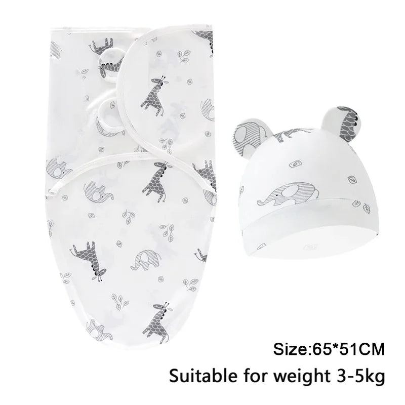 Newborn 0-6M Cartoon Printed Cotton Swaddle Set - Adjustable All-Season Baby Blanket & Hat