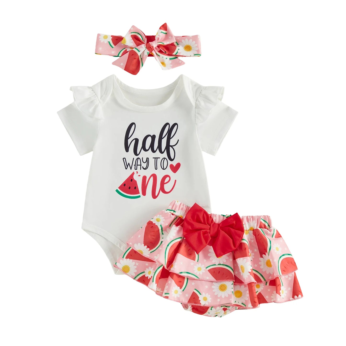 Baby Girl 6 Month Birthday Set with Ruffle Romper Skorts and Headband - Cute Letters Print Outfit for Half Year