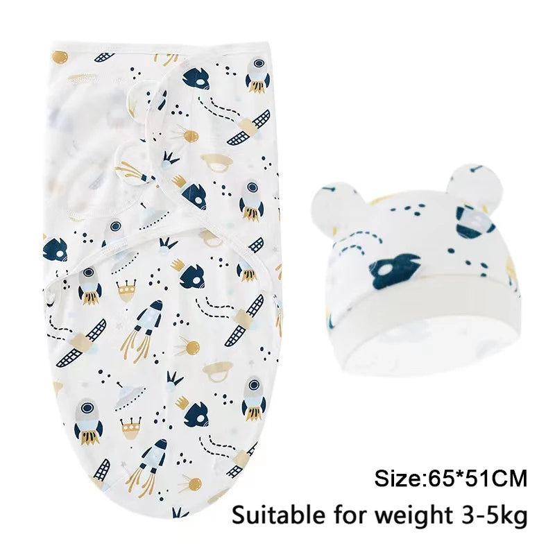 Newborn 0-6M Cartoon Printed Cotton Swaddle Set - Adjustable All-Season Baby Blanket & Hat