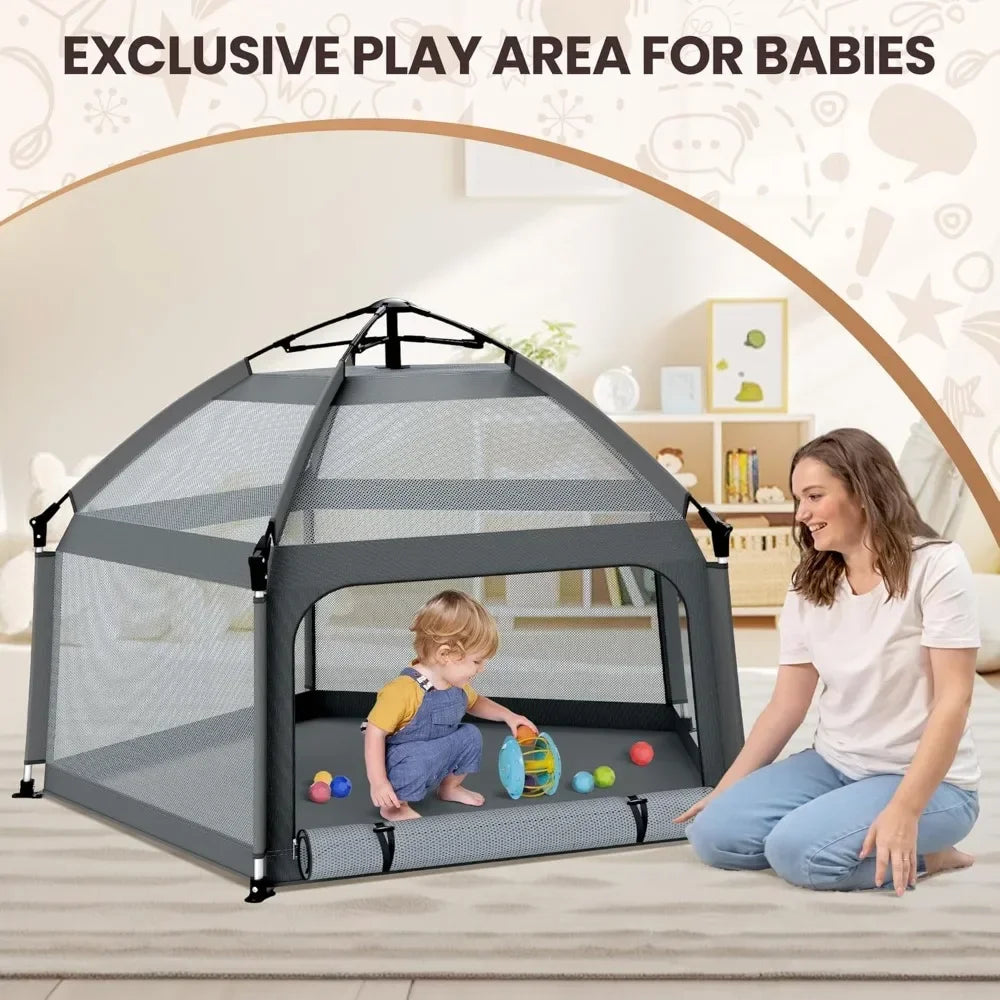 Baby Playpen with Self-Inflating Play Mat & Travel Bag, Portable Outdoor Playpen for Babies and Toddlers, Foldable Pop Up Play T