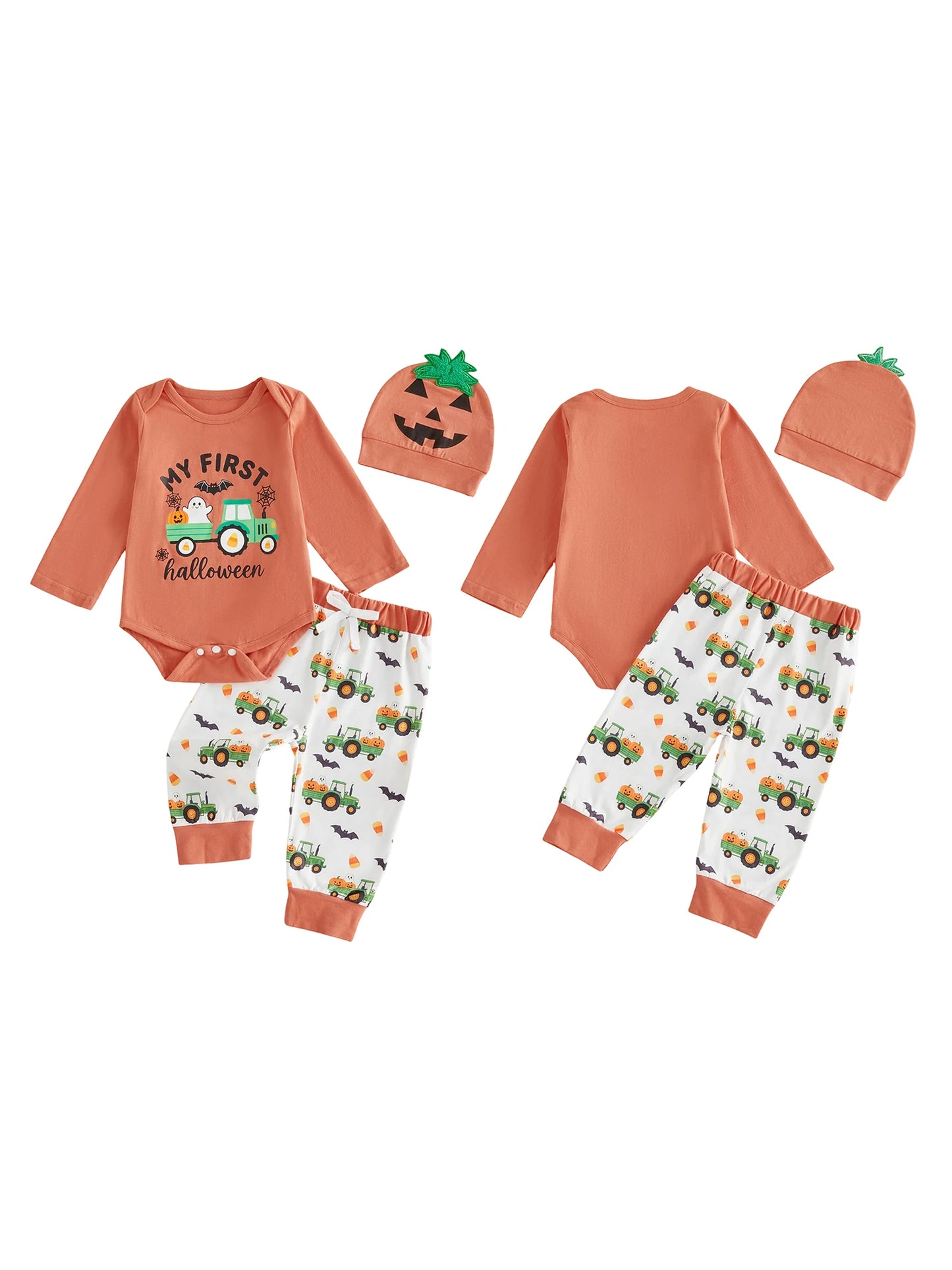 Adorable Toddler Boy Halloween Costume Set with Pumpkin Print Romper Pants and Hat - 3 Piece Fall Outfit for Baby Boy
