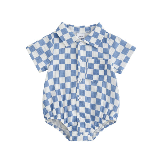 Adorable Infant Plaid Romper with Short Sleeves and Collar Button-up Bodysuit for Baby Boys and Girls Stylish Summer Outfit