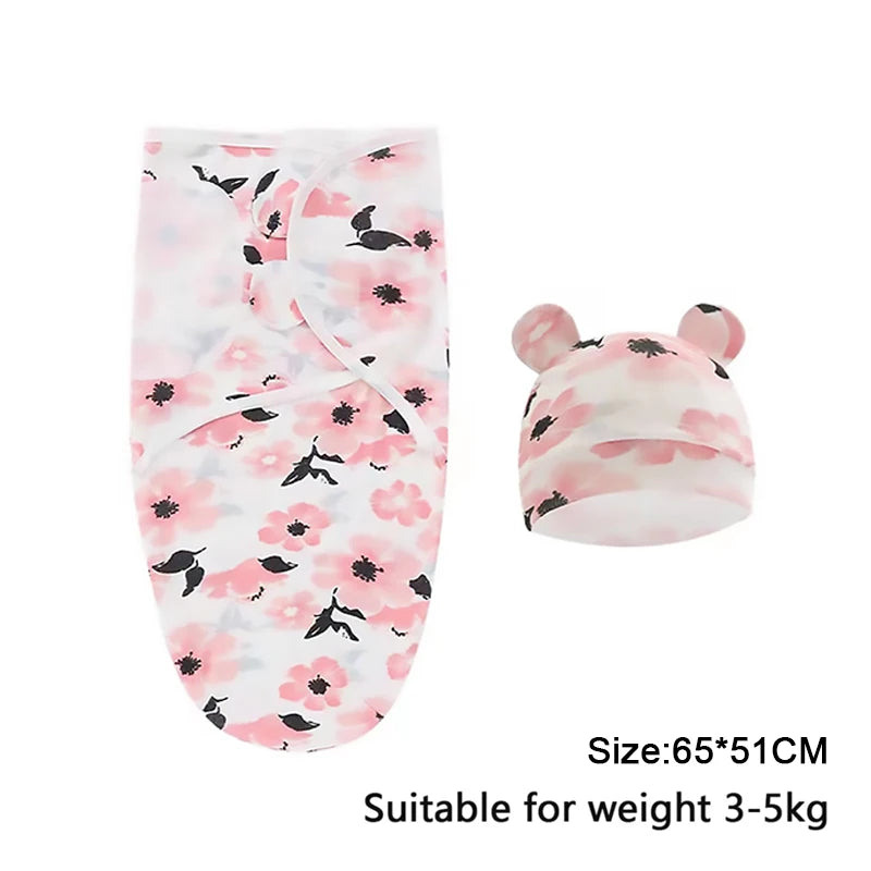 Newborn 0-6M Cartoon Printed Cotton Swaddle Set - Adjustable All-Season Baby Blanket & Hat