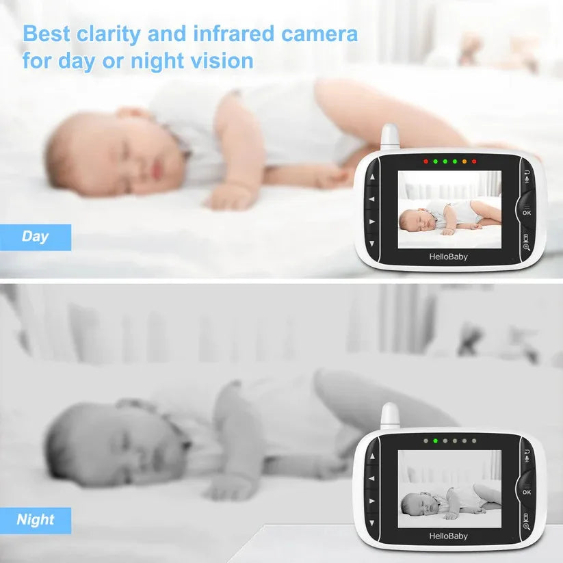 HelloBaby Video Baby Monitor with Camera and Audio, 3.2Inch LCD Display, Infrared Night Vision, Two-Way Audio and Room Temperature Monitoring,Lullaby,Sound Activated Screen