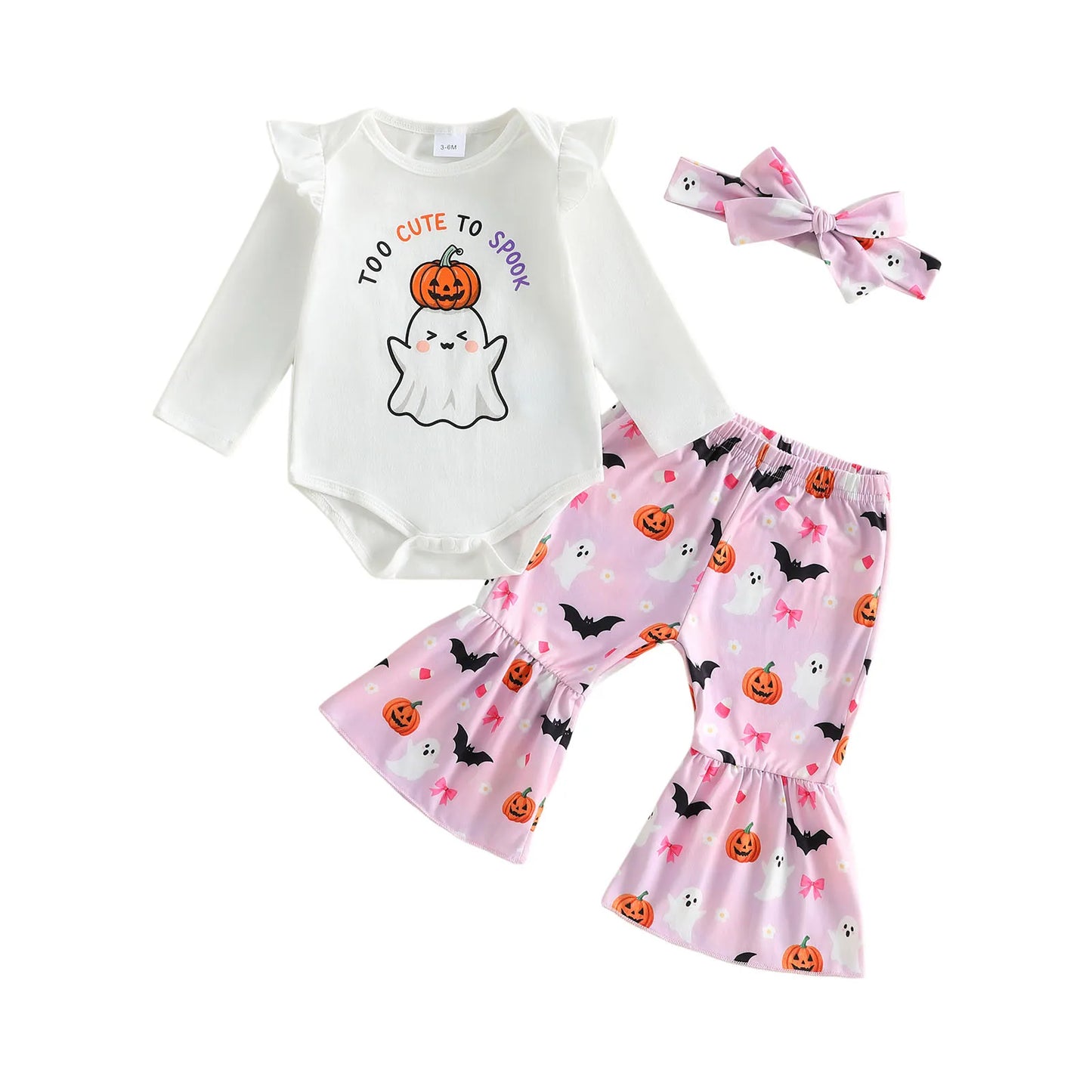 Toddler Girl Halloween Costume Letter Pumpkin Ghost Print Crew Neck Long Sleeve Rompers Bell-Bottoms Pants Headband 3Pcs Outfit