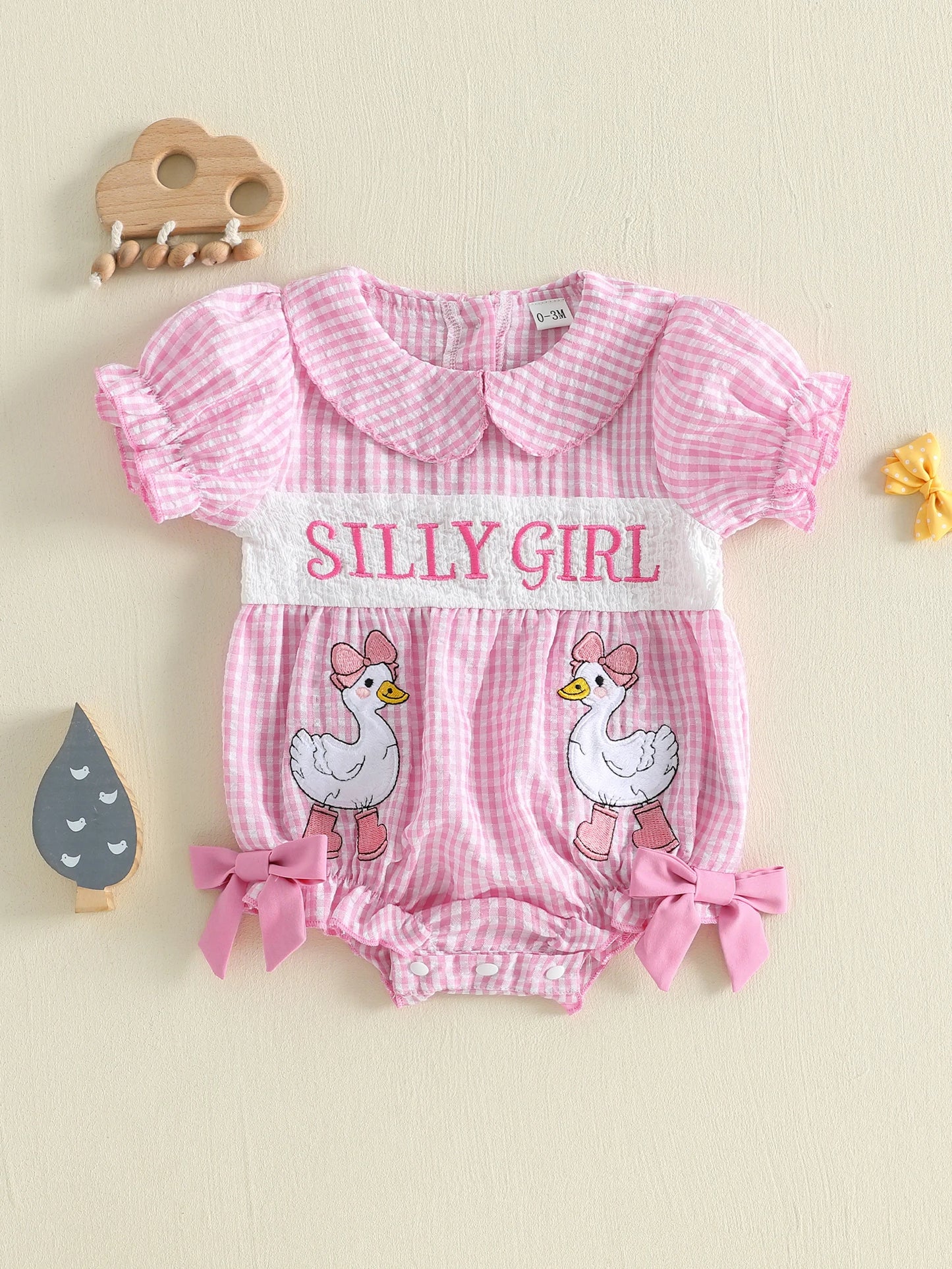 Adorable Baby Girl Romper with Puff Sleeves and Doll Collar Featuring Embroidered Letters and Plaid Print Perfect for Summer
