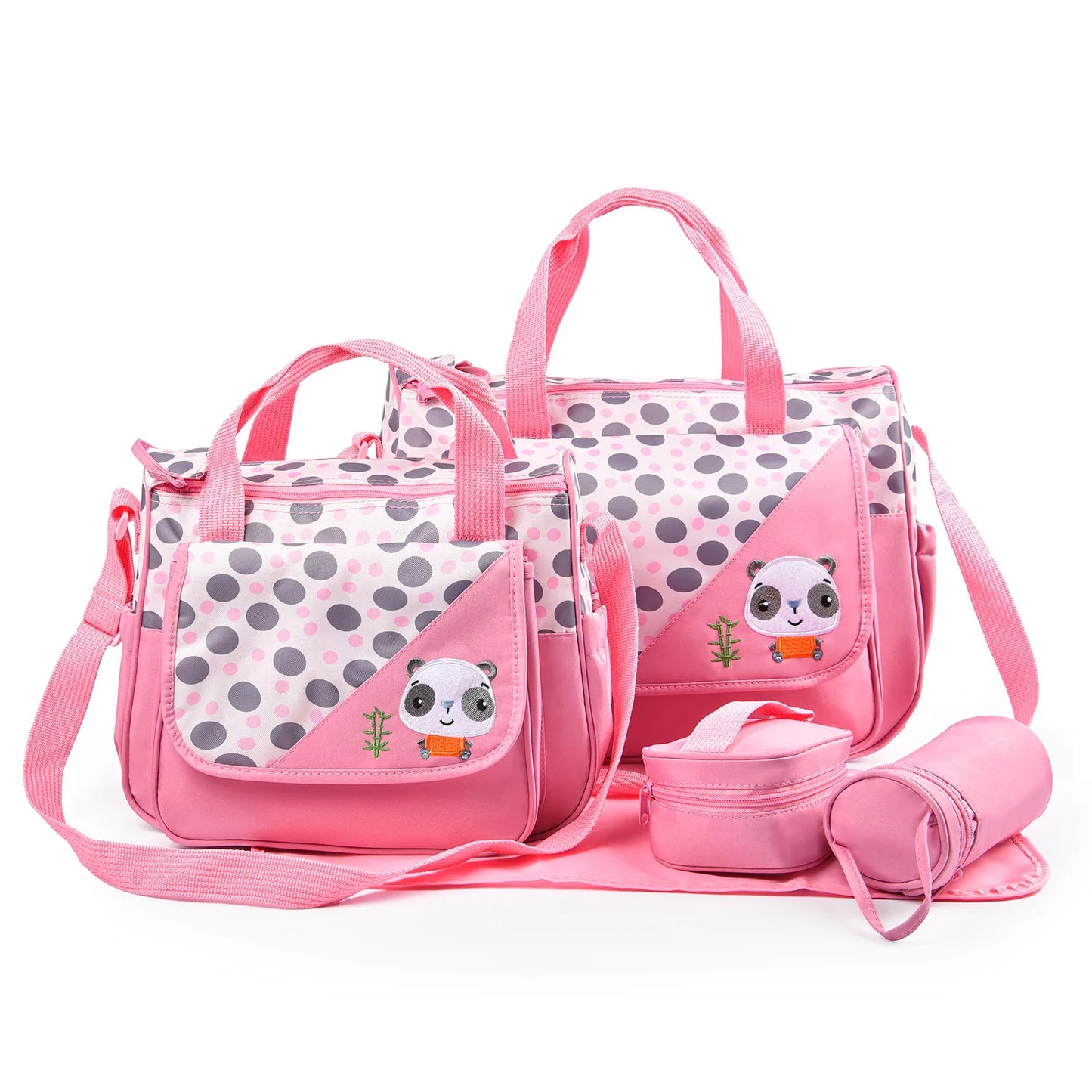 Fashionable Printed Cartoon Pattern Single-Shoulder Mommy Bag Five-Piece Set; Large-Capacity Cross-Body Mommy Bag; Multi-Functional Outing Tote Bag Diaper Bag Set