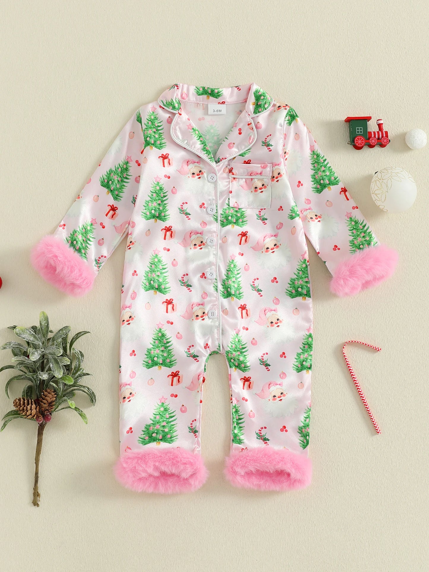 Toddler Christmas Satin Pajamas with Reindeer Print and Faux Fur Cuffs Snap Button Closure V Neck Long Sleeve Romper