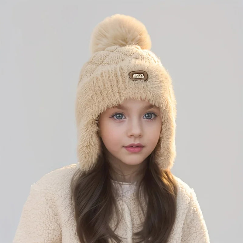 Unisex Kids Winter Windproof Beanie with Ear Flaps - Pastel Pink Warm Hat for Skiing & Snowboarding
