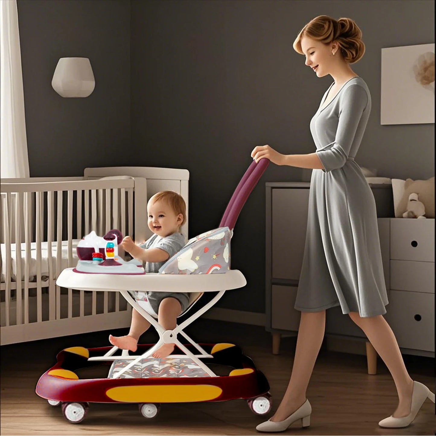 Multi-Functional Baby Walker with Awning Anti-Rollover Adjustable Sitting Shaking Design Comfort Toddler Walker for Boys Girls