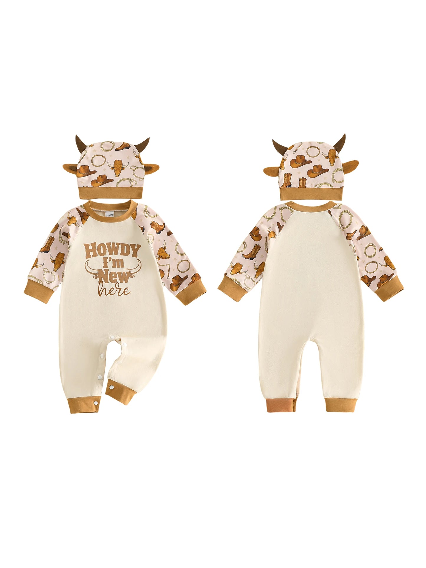 Cute Infant Cow Print  with Matching Horned Hat for Autumn - Adorable Western Style Romper Set for Baby Boy