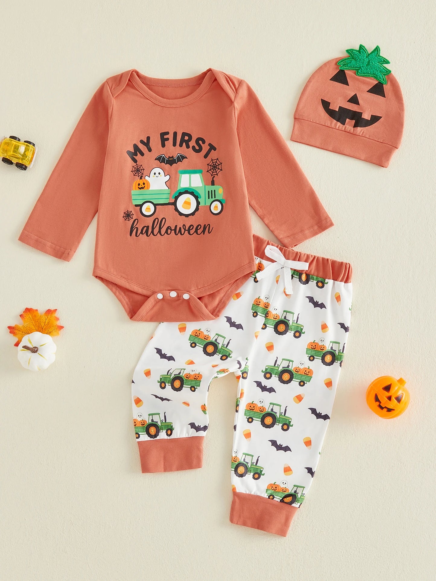 Adorable Toddler Boy Halloween Costume Set with Pumpkin Print Romper Pants and Hat - 3 Piece Fall Outfit for Baby Boy