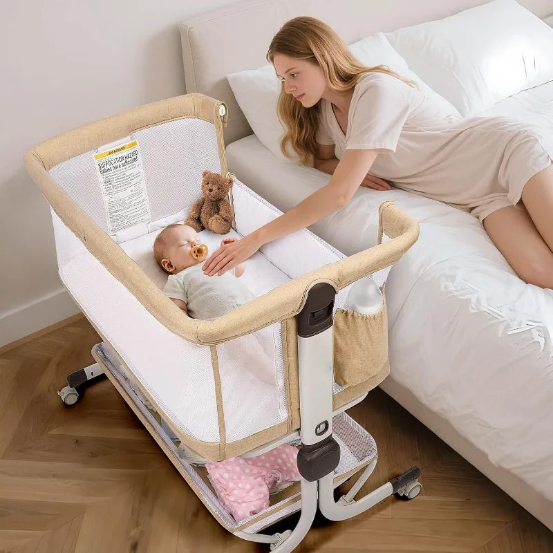 Baby Bassinet Bedside Sleeper, Upgraded Stability Bedside Crib with Full Mesh Sides, Soft Sheet, 6-Height Adjustment, Storage Ba