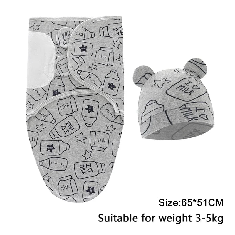 Newborn 0-6M Cartoon Printed Cotton Swaddle Set - Adjustable All-Season Baby Blanket & Hat