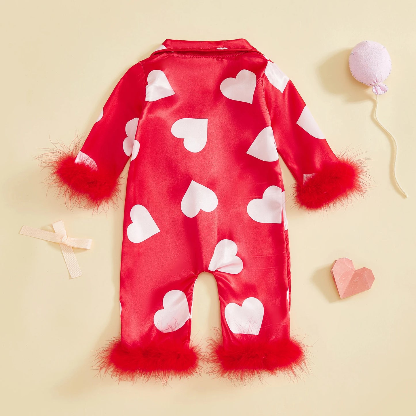 Valentine's Day Spring Newborn Baby Boys Casual Rompers Heart Print Feather Long Sleeve Button Satin Jumpsuits Playsuits