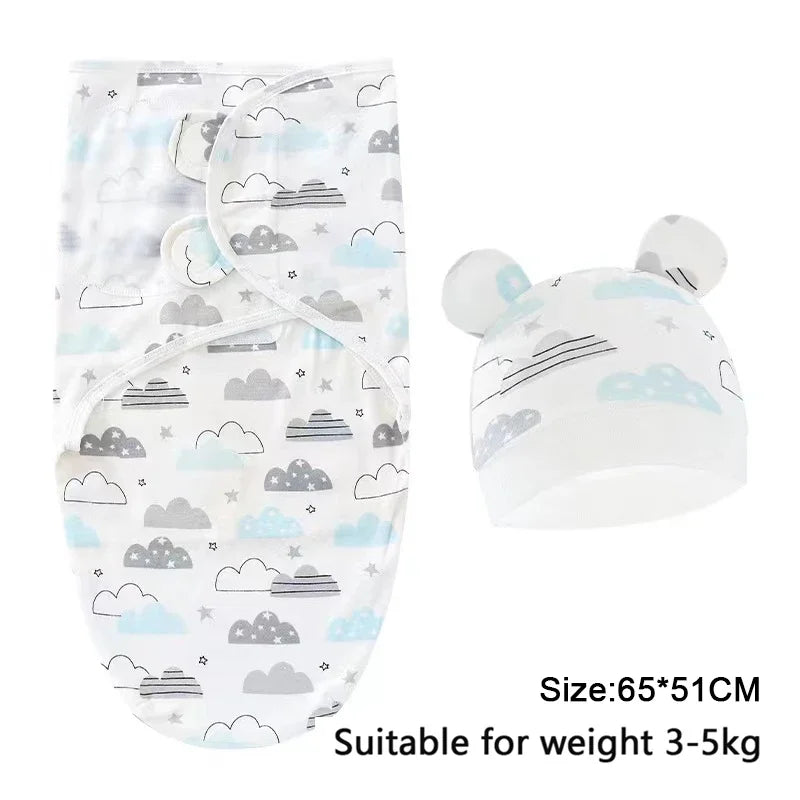 Newborn 0-6M Cartoon Printed Cotton Swaddle Set - Adjustable All-Season Baby Blanket & Hat