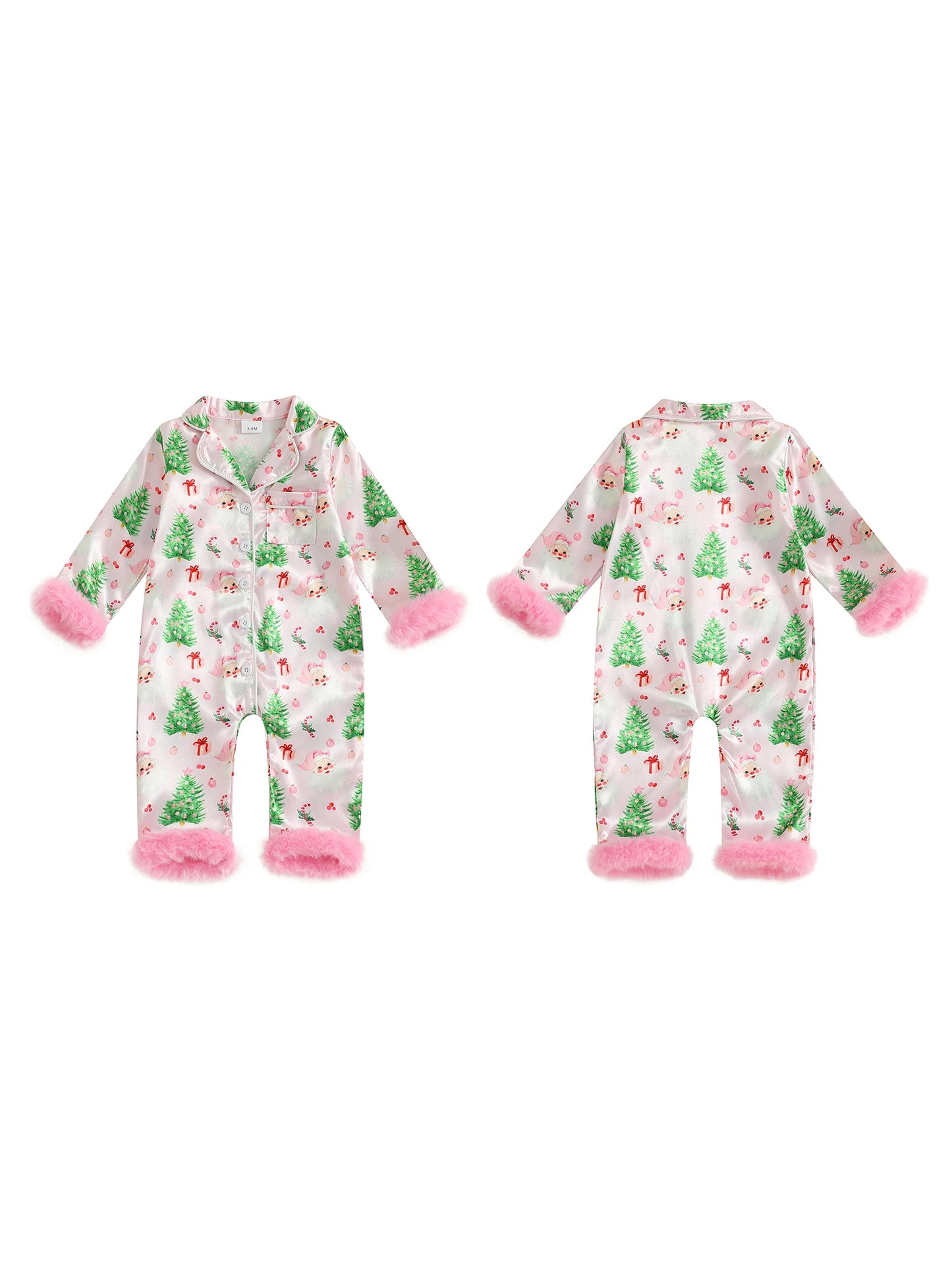 Toddler Christmas Satin Pajamas with Reindeer Print and Faux Fur Cuffs Snap Button Closure V Neck Long Sleeve Romper