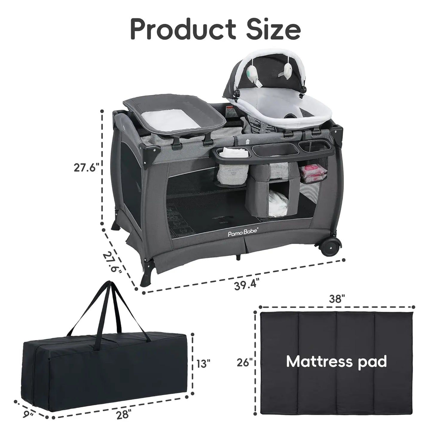 Pamo Babe Pack and Play with Bassinet Baby Playpen Foldable Playard with Changing Table Portable 4 in 1 Baby Playard