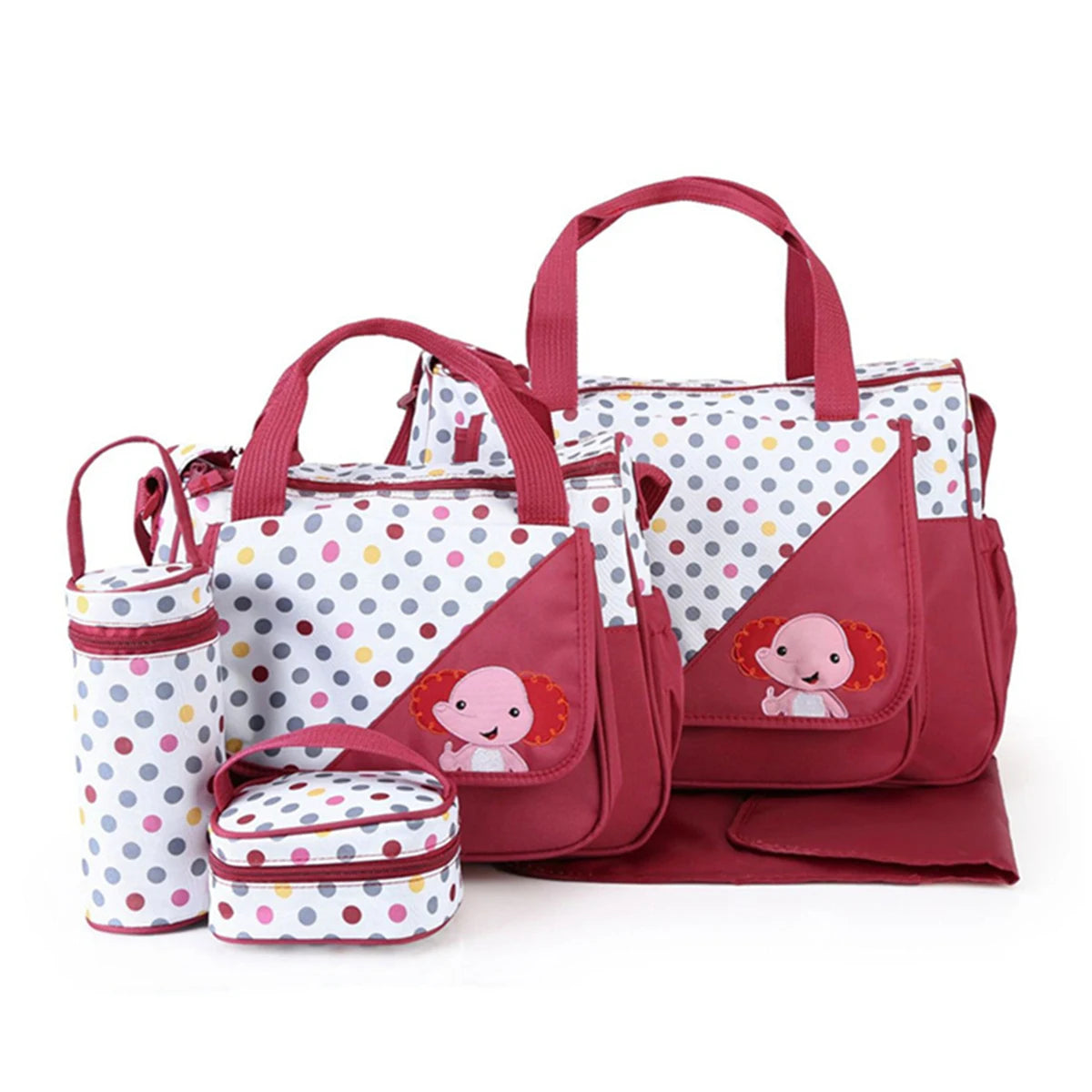 Fashionable Printed Cartoon Pattern Single-Shoulder Mommy Bag Five-Piece Set; Large-Capacity Cross-Body Mommy Bag; Multi-Functional Outing Tote Bag Diaper Bag Set