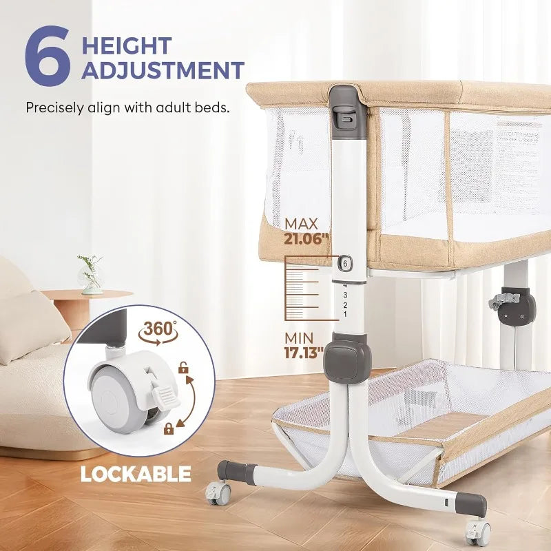 Baby Bassinet Bedside Sleeper, Upgraded Stability Bedside Crib with Full Mesh Sides, Soft Sheet, 6-Height Adjustment, Storage Ba