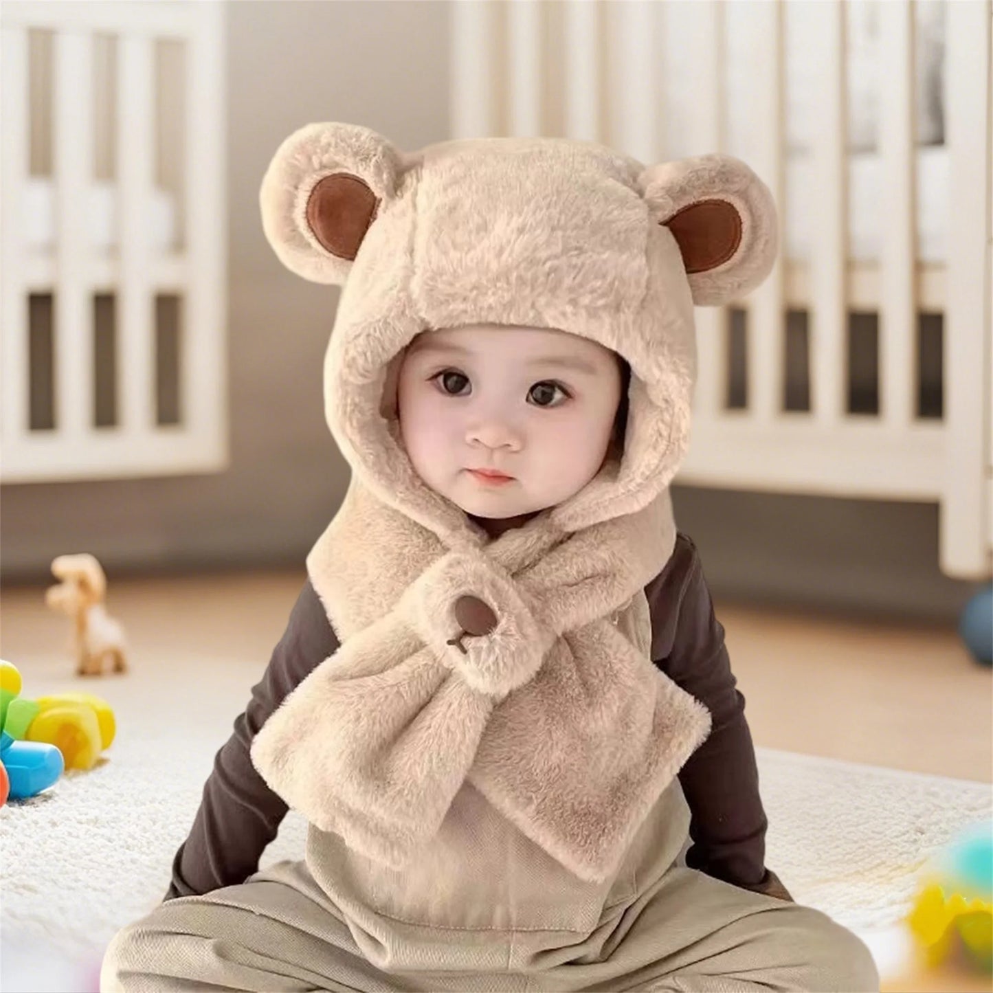 Kids Children Winter Warm Plush Animal Hooded Scarf Hat Gloves Set Cute Bear Earflap Beanie Mitten Present Gift