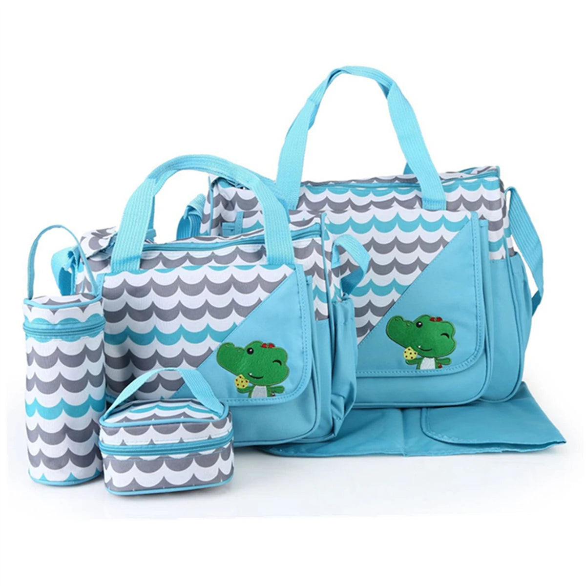 Fashionable Printed Cartoon Pattern Single-Shoulder Mommy Bag Five-Piece Set; Large-Capacity Cross-Body Mommy Bag; Multi-Functional Outing Tote Bag Diaper Bag Set