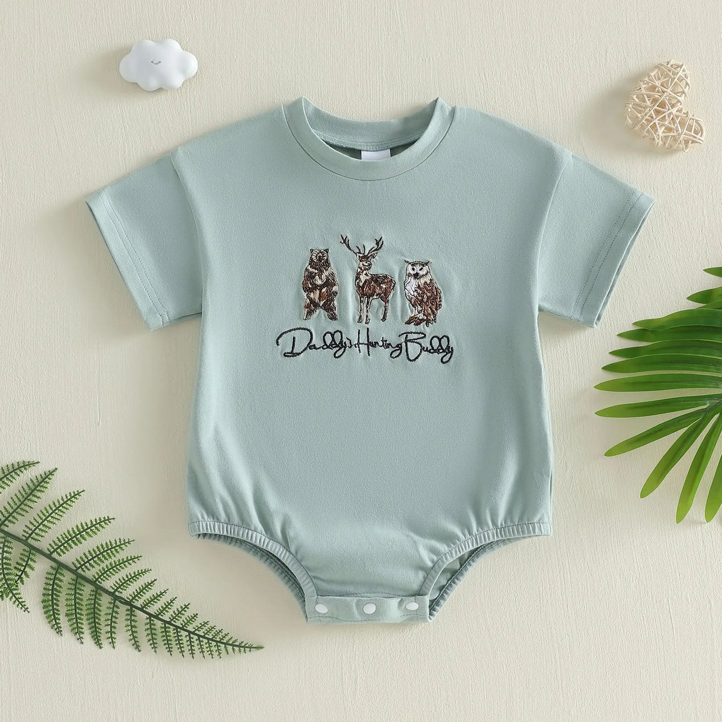 Adorable Toddler Boy s Stylish Romper with Cute Animal Patchwork and Trendy Letter Embroidery Short Sleeve Round Neck