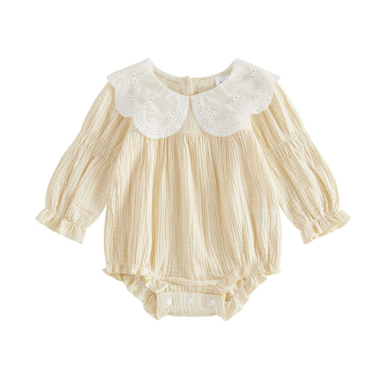 Infant Girl Autumn Jumpsuit with Ruffle Collar and Floral Embroidery Long Sleeve Bodysuit Toddler Outfit Set