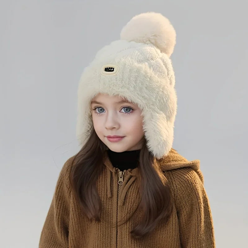 Unisex Kids Winter Windproof Beanie with Ear Flaps - Pastel Pink Warm Hat for Skiing & Snowboarding