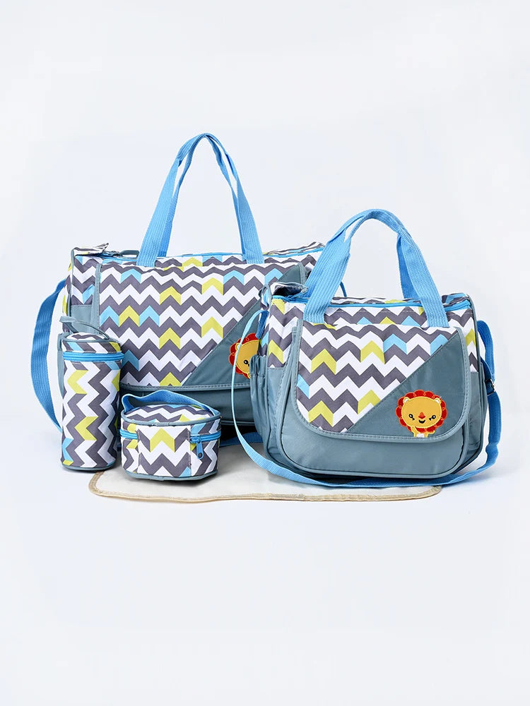 Fashionable Printed Cartoon Pattern Single-Shoulder Mommy Bag Five-Piece Set; Large-Capacity Cross-Body Mommy Bag; Multi-Functional Outing Tote Bag Diaper Bag Set