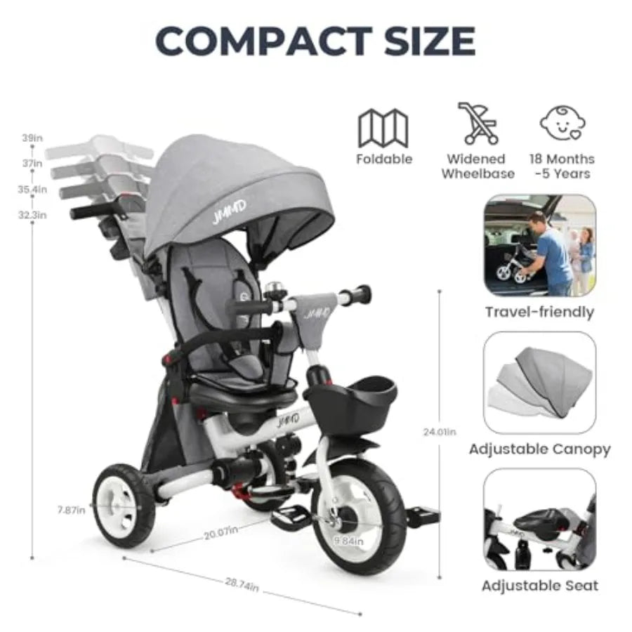 8 in 1 Foldable Tricycle Stroller with Push Handle for 18 Months to 5 Years Gray 360 Swivel Seat Reclining Backrest All-Terrain