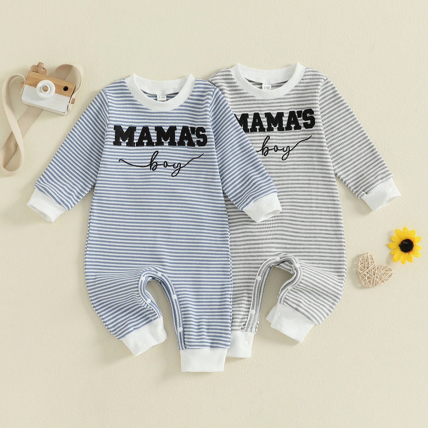 Lioraitiin Baby Boys Fall Romper Letter Embroidery Long Sleeve Round Neck Full Length Waffled Stripe Jumpsuit