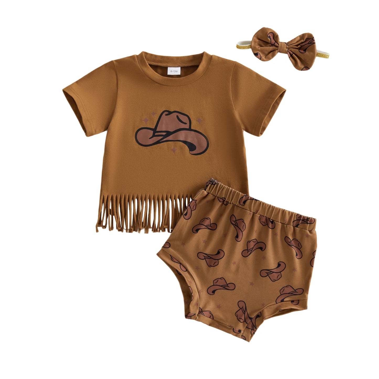 Baby Girl 3Pcs Summer Outfits Short Sleeve Tassel Tops + Shorts + Headband Set Infant Western Clothes 3M-24M
