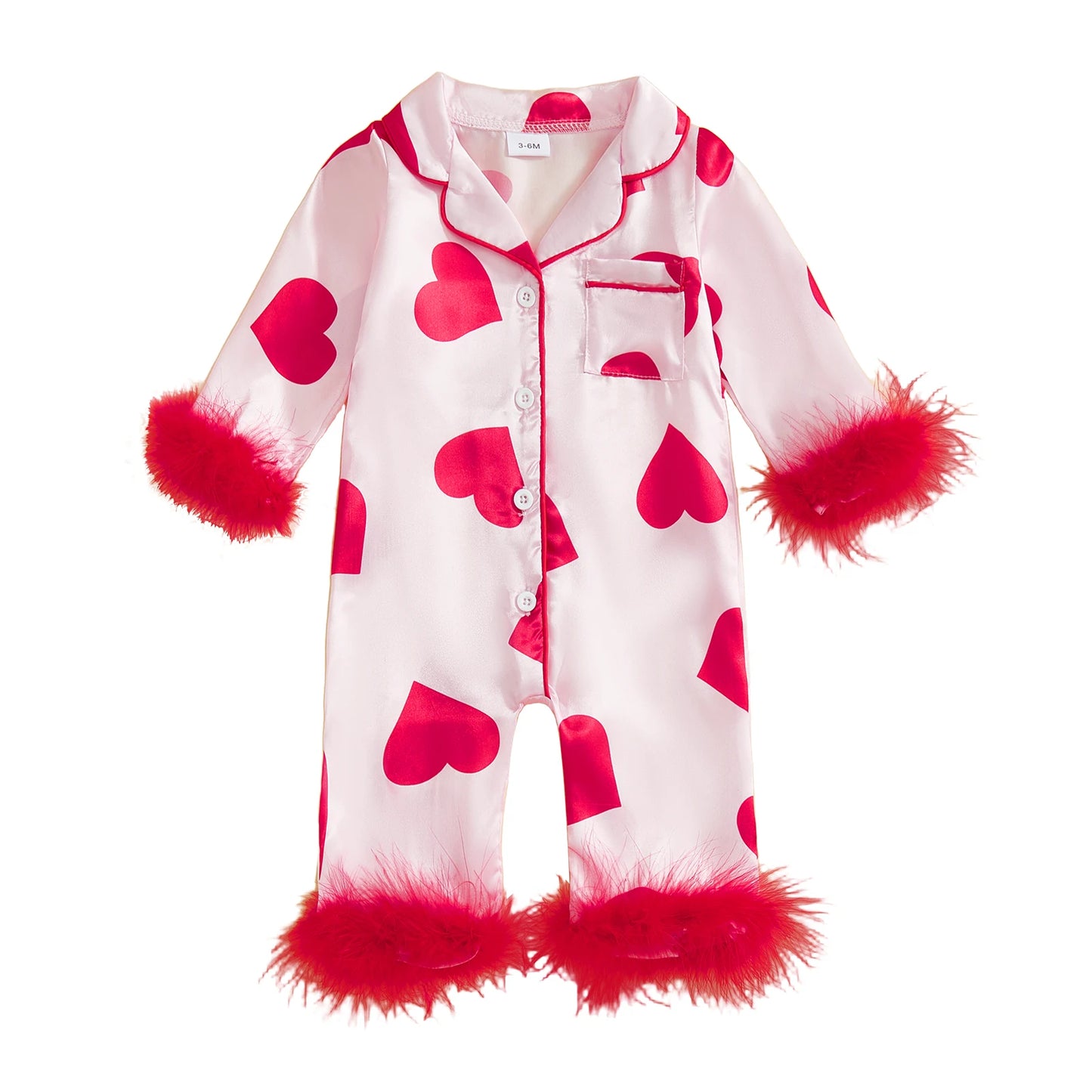 Valentine's Day Spring Newborn Baby Boys Casual Rompers Heart Print Feather Long Sleeve Button Satin Jumpsuits Playsuits