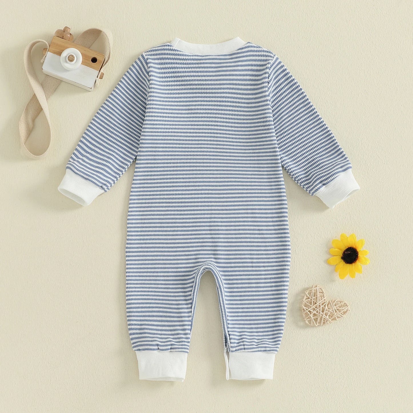 Lioraitiin Baby Boys Fall Romper Letter Embroidery Long Sleeve Round Neck Full Length Waffled Stripe Jumpsuit